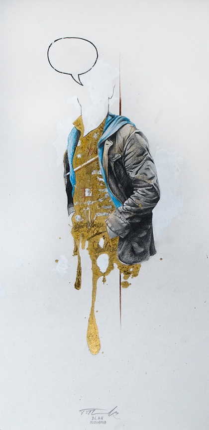 'BLAH', Pencil, ink, acrylic, colour pencil and golden marker on paper, 49cm.X23cm., 2013Copyright © reserved